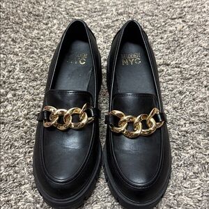 Madden NYC Black Loafers with Gold Chain